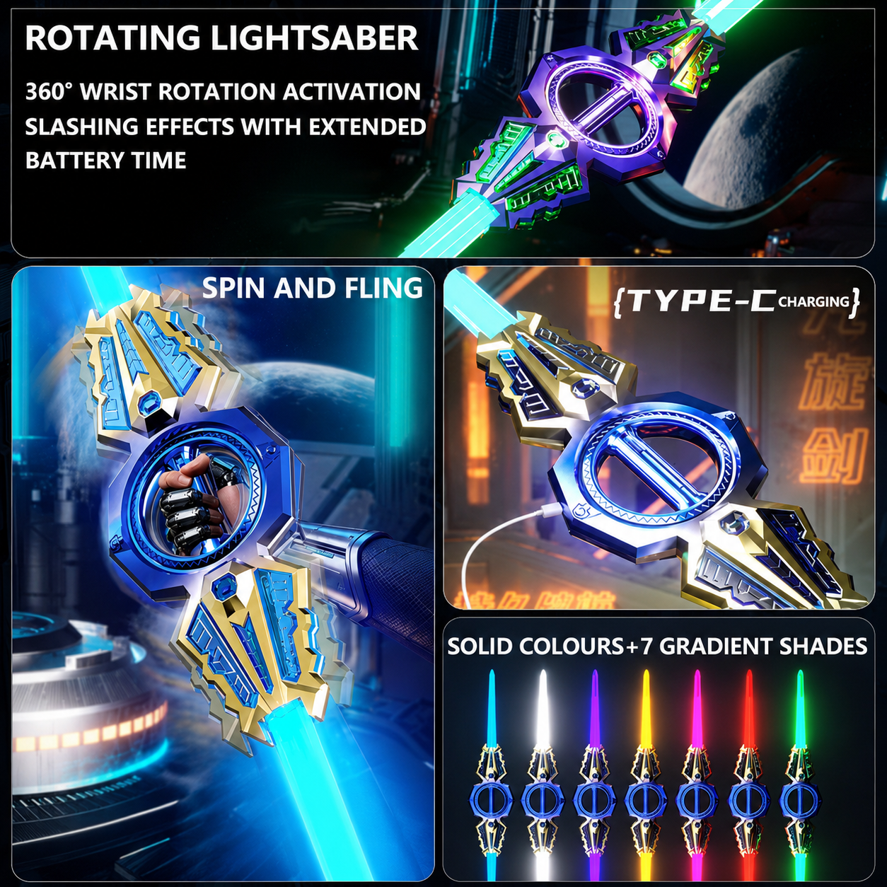 Rechargeable Rotating Double-Edge LED Sword with Sound & Light Effects
